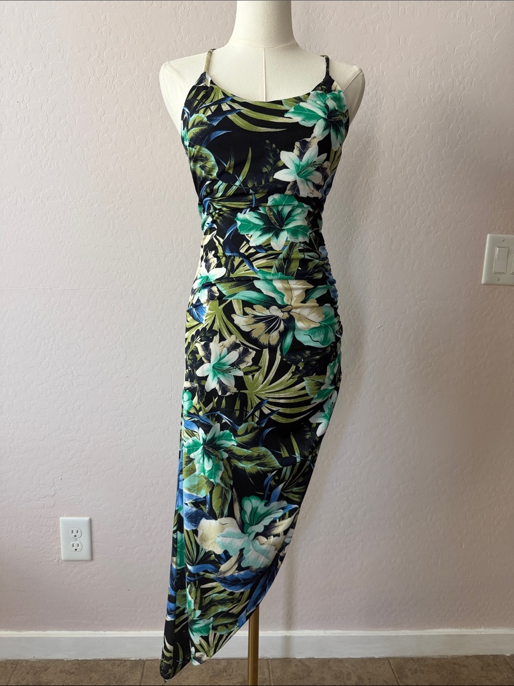 Tropical Green & Black Asymmetrical Dress